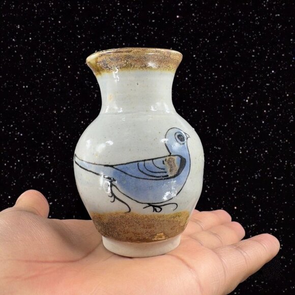 Mexico Pottery Bud Vase Tonala Hand Painted Bird Two Sided Tree Mexican Pottery - Picture 4 of 13
